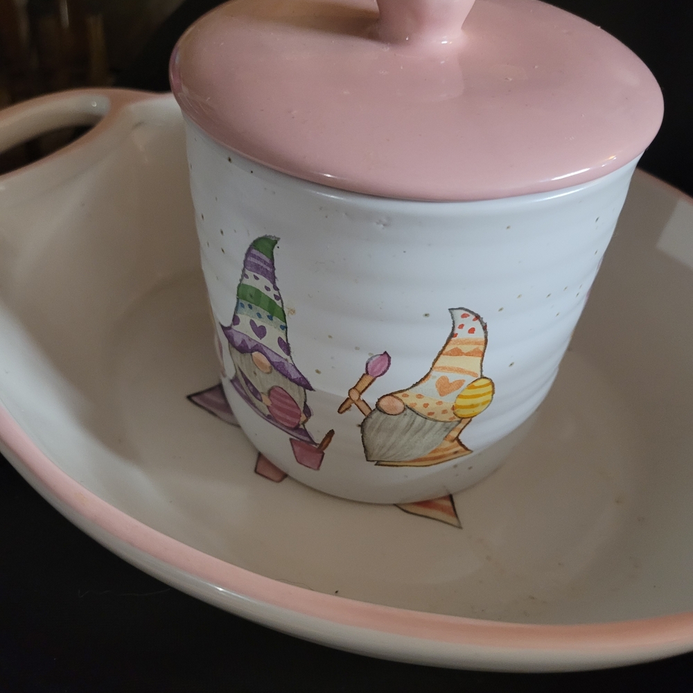 Whimsical Gnome Ceramic Dish Set with Pink Accents